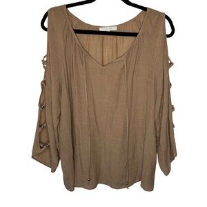 Ivy Ridge Boho-Style Blouse Women’s XL Cold Shoulder Cutout Sleeves Gold Beads